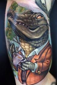 手臂樂趣多彩卡通鱷魚穿著西裝和茶杯紋身圖案