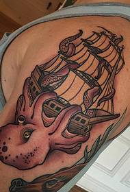 Big arm new school sailing octopus color tattoo pattern