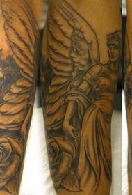 Анёл і ружа чорна-шэрая рука татуіроўкі ўзор
