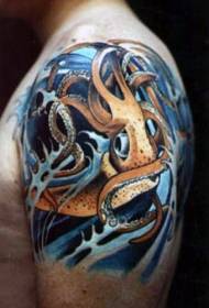 Arm incredible colorful octopus and wavy tattoo pattern