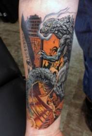 Arm comic style colorful evil Godzilla with burning city tattoo pattern