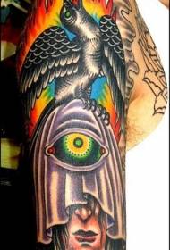 Colored eyeballs and crow arm tattoo pattern