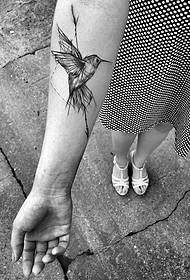 Female arm pen and pen style hummingbird tattoo pattern