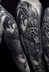 Huge black and white rooster tattoo pattern on the arm