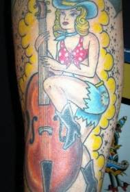 Modèle de tatouage de bras coloré de fille de violoncelle