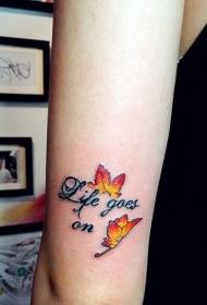 Girl's arm English and maple leaf beautiful tattoo pattern