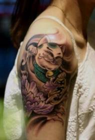 Arm color peony flower lucky cat tattoo picture