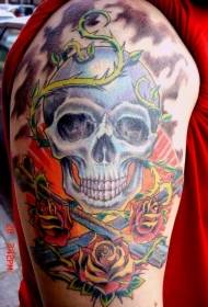 Kleurrijke schedel en wijnstok rose arm tattoo patroon
