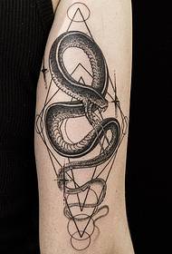 Big arm personality geometric lines black gray snake tattoo pattern