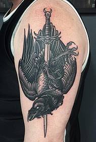 Men's big arm crow dagger cover tattoo pattern