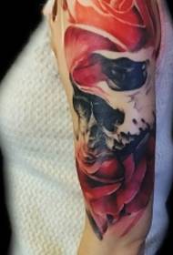Arm realistic scull with red rose tattoo pattern