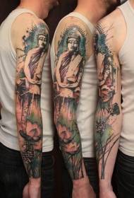 팔 새로운 스타일의 스플래시 잉크 그린 부처님 동상 연꽃 문신 패턴