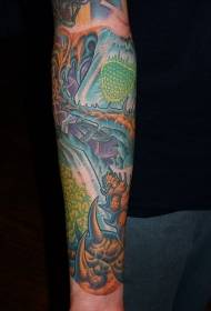 Arm mechanical natural element color tattoo pattern