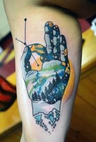 Arm unique colorful night sky and forest palm print tattoo pattern
