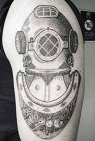Male Arms Black Gray Geometric Tattoo Sting Tips Diving Helmet Tattoo Picture