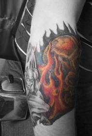 Fire arm and monster colored arm tattoo pattern