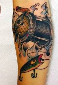 Arm colored fishing coil with fish tattoo pattern