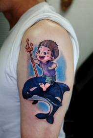 Brazo niño ballena color de dibujos animados tatuaje patrón