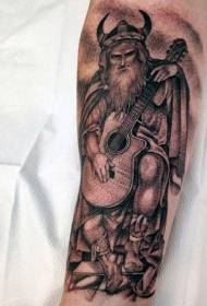 Funny black and white viking warrior playing guitar arm tattoo pattern