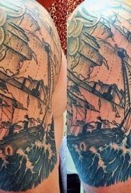 Black and white big sailboat and stormy tattoo pattern