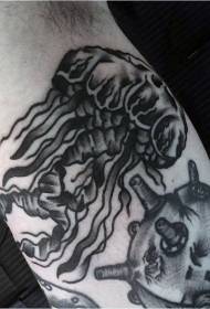 Arm simple black jellyfish and mine tattoo pattern