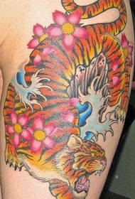 Arm color tiger and floral tattoo pattern