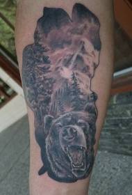 Arm wild black bear and big mountain forest tattoo pattern