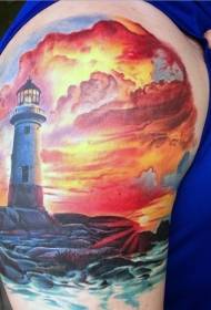Arm multicolored lighthouse and sunset tattoo pattern