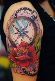 Arm color rose compass tattoo pattern