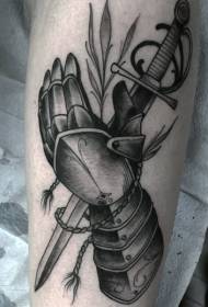 Black and white medieval hand and sword arm tattoo pattern