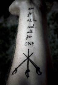 Arm little black letters with crossed sword tattoo pattern