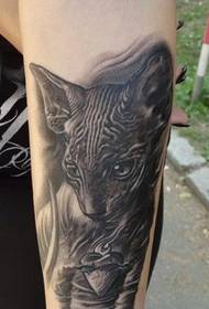 Black cat tattoo figure with a firm eye above the arm