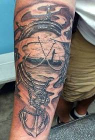 Impresionante patrón de tatuaje de brazo de tema de pesca blanco y negro
