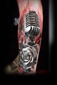 Incredible realistic microphone rose arm tattoo pattern