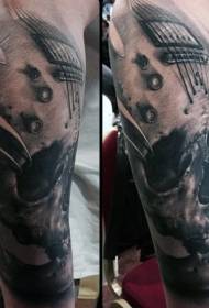 Arm svart skalle kombinerad gitarr tatuering mönster