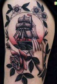 ເຕັກນິກການສັກຢາສີຜົມແຂນສີແດງ tattoo tattoo ຂະຫນາດນ້ອຍ sail lace ຮູບ tattoo