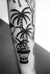 Apbruņojiet vienkāršu melnu palmu koku un puķu podu tetovējuma modeli