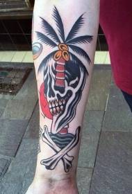 Old school arm colored skull with palm tree tattoo pattern