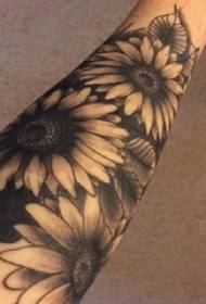 Tatuaje en branco e negro no brazo, técnica de tatuaxe, material de tatuaxe de plantas, tatuaxe de xirasol
