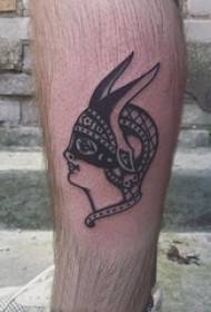 Male student calf on black geometric simple line masked figure tattoo picture