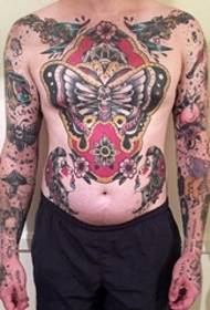 Colored traditional tattoo animal butterfly and portrait tattoo picture on male front back