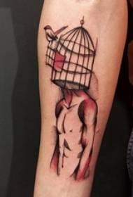 男生手臂上红黑素描点刺技巧创意超现实主义抽象人物纹身图片
