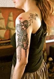 Schoolgirl arm on black prick geometric line character portrait little girl tattoo picture