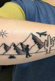 Școala brațelor pe negru care indică linia abstractă a personajelor și a munților Peisaj Imagine de tatuaj