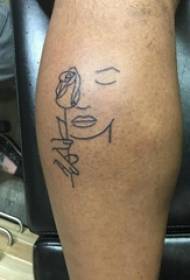 Férfi hallgató borjú fekete egyszerű vonal karakter és növény virág tetoválás kép