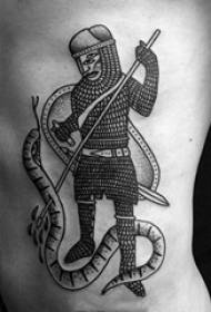 Boys waist side on black line pricking skills soldier and snake tattoo pictures