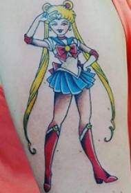 Djevojka s oružjem naslikana jednostavnim crtanim likom Mornar Tetovaža Mjesec