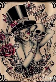 Patrón de tatuaje: Cráneo clásico europeo e americano de beleza Patrón floral de tatuaje