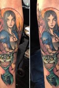 Boy's arm op geverfde waterverf skets girl character tattoo picture  121354 @ Seuns geverfde geometriese abstrakte lynfigure en dolk-tatoeëringfoto's