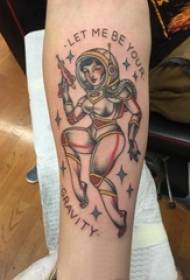 Девојка рака насликана на едноставни линии Англиски и цртани ликови астронаут слики за тетоважа
